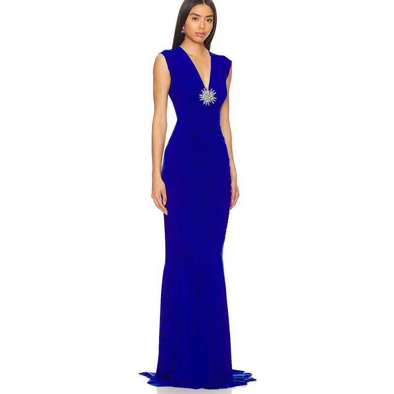 Royal Blue V-Neck Ruched Maxi Dress H6667