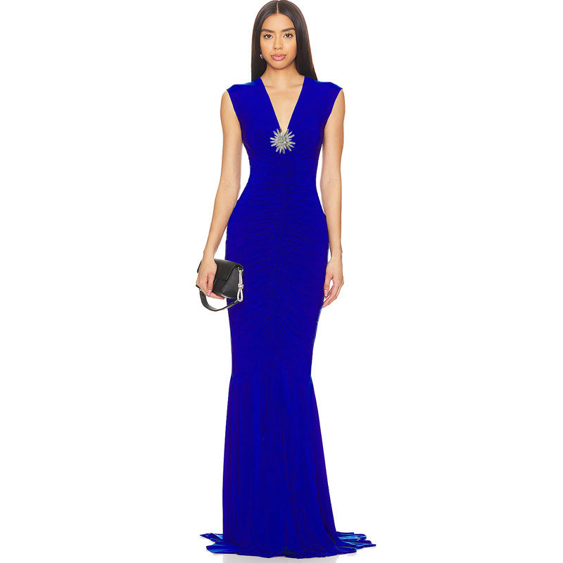 Royal Blue V-Neck Ruched Maxi Dress H6667
