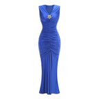 Royal Blue V-Neck Ruched Maxi Dress H6667