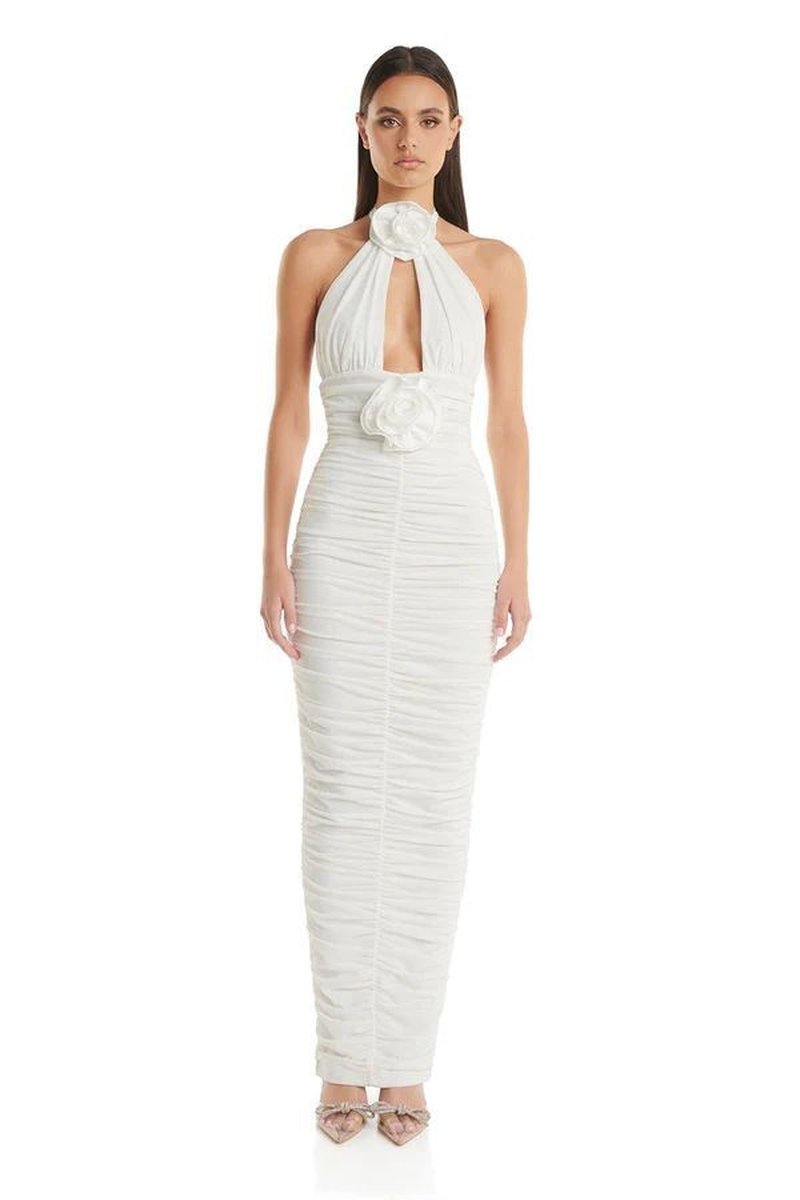 Ruched Halter White Mermaid Gown H6649