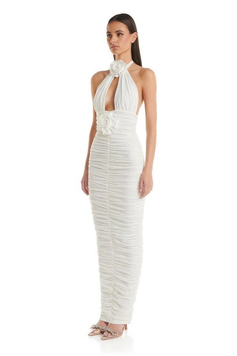 Ruched Halter White Mermaid Gown H6649