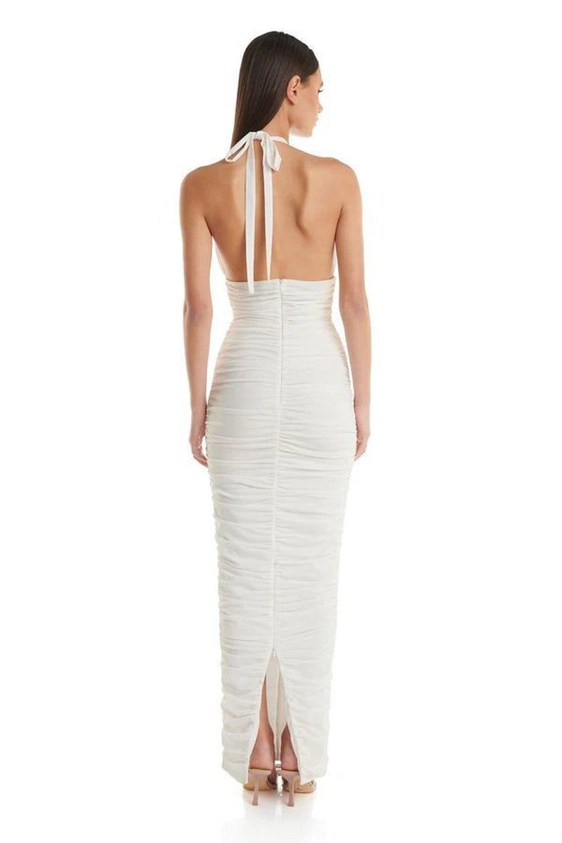 Ruched Halter White Mermaid Gown H6649