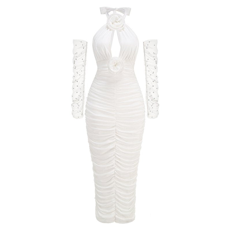 Ruched Halter White Mermaid Gown H6649