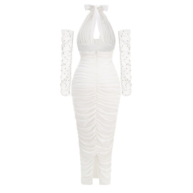 Ruched Halter White Mermaid Gown H6649