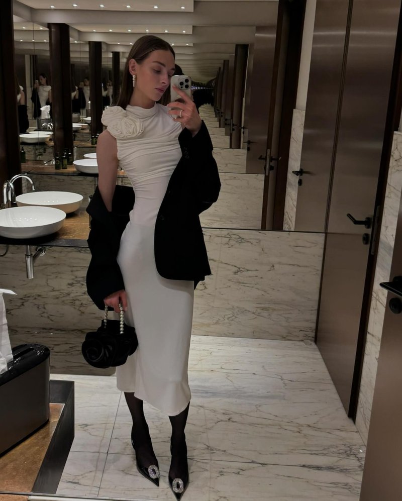 Ruched One-Shoulder White Midi Dress H6383