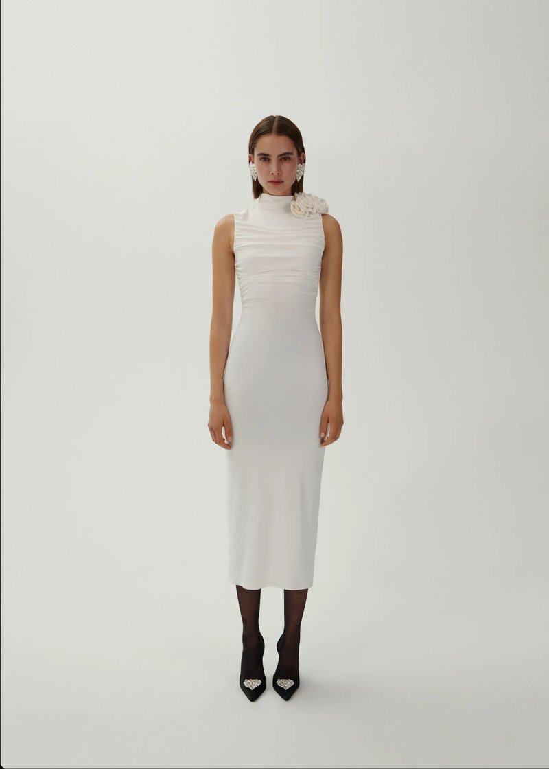 Ruched One-Shoulder White Midi Dress H6383