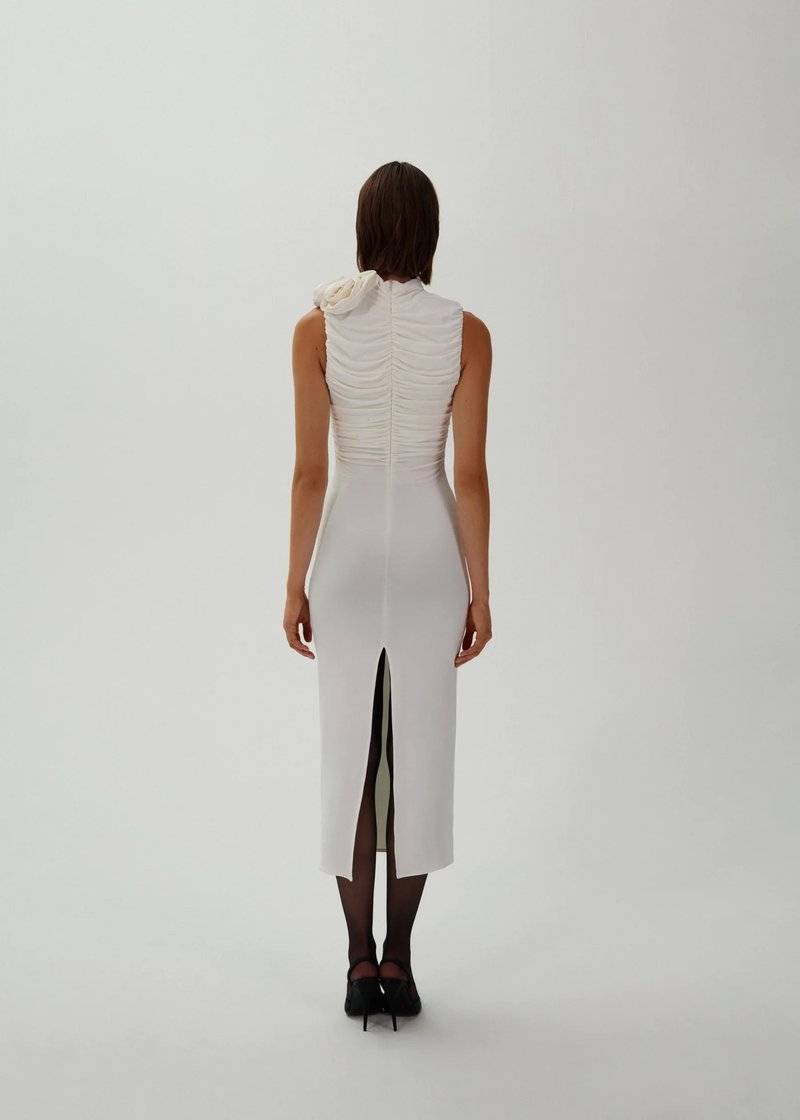 Ruched One-Shoulder White Midi Dress H6383