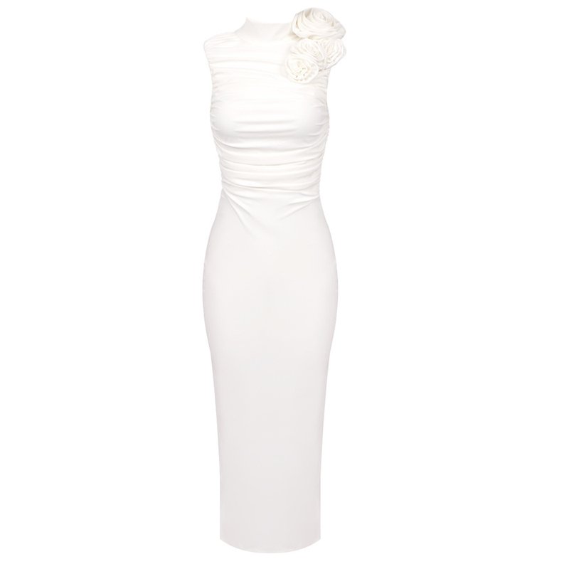 Ruched One-Shoulder White Midi Dress H6383