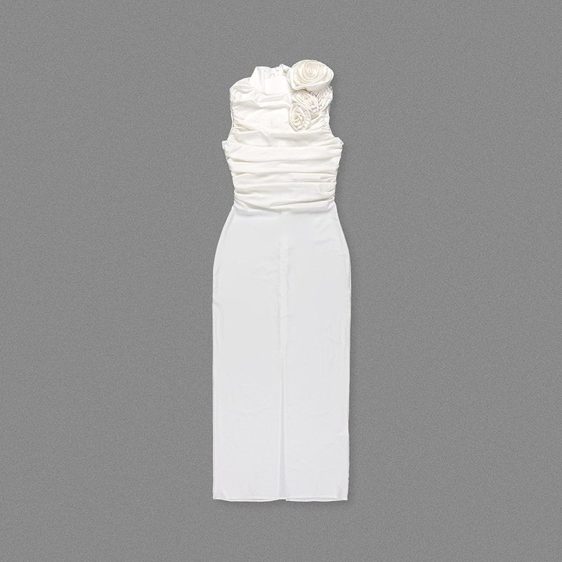 Ruched One-Shoulder White Midi Dress H6383