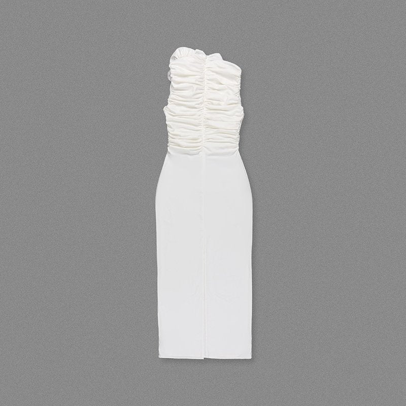 Ruched One-Shoulder White Midi Dress H6383