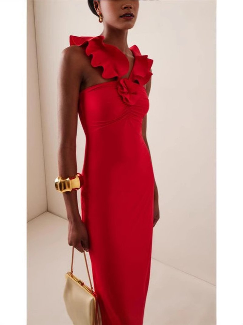 Ruffle Strapless Red Maxi Dress H7138