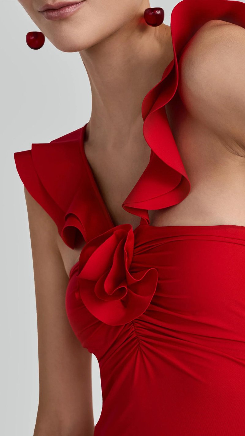 Ruffle Strapless Red Maxi Dress H7138