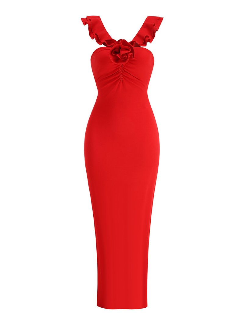 Ruffle Strapless Red Maxi Dress H7138