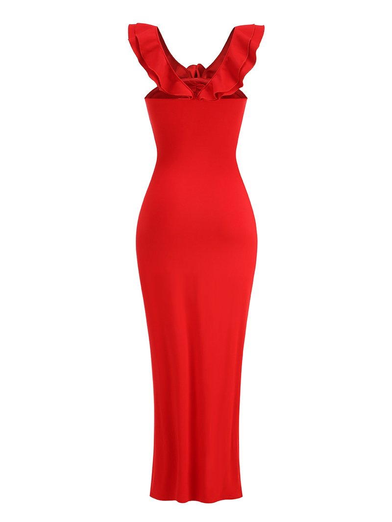 Ruffle Strapless Red Maxi Dress H7138