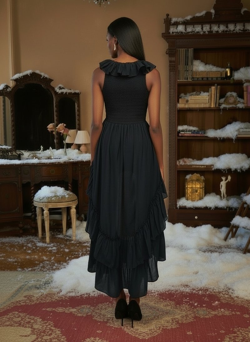 Ruffle Tiered Asymmetric Midi Dress H7088