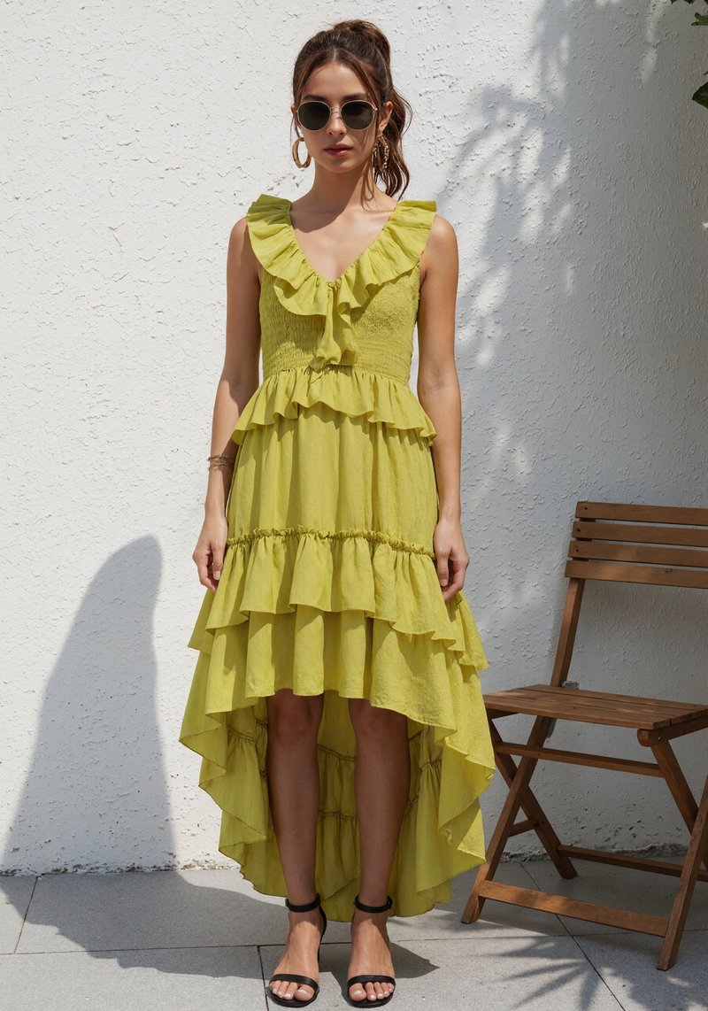 Ruffle Tiered Asymmetric Midi Dress H7088