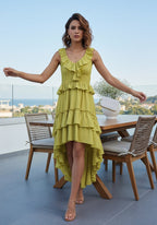 Ruffle Tiered Asymmetric Midi Dress H7088