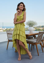 Ruffle Tiered Asymmetric Midi Dress H7088