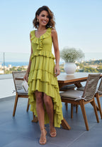 Ruffle Tiered Asymmetric Midi Dress H7088