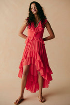 Ruffle Tiered Asymmetric Midi Dress H7088