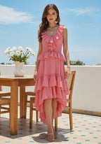 Ruffle Tiered Asymmetric Midi Dress H7088