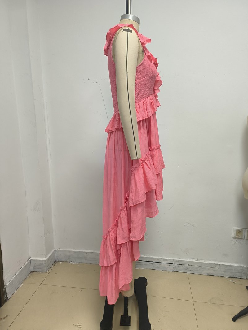 Ruffle Tiered Asymmetric Midi Dress H7088