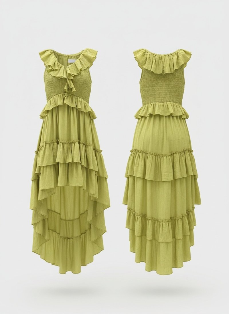 Ruffle Tiered Asymmetric Midi Dress H7088