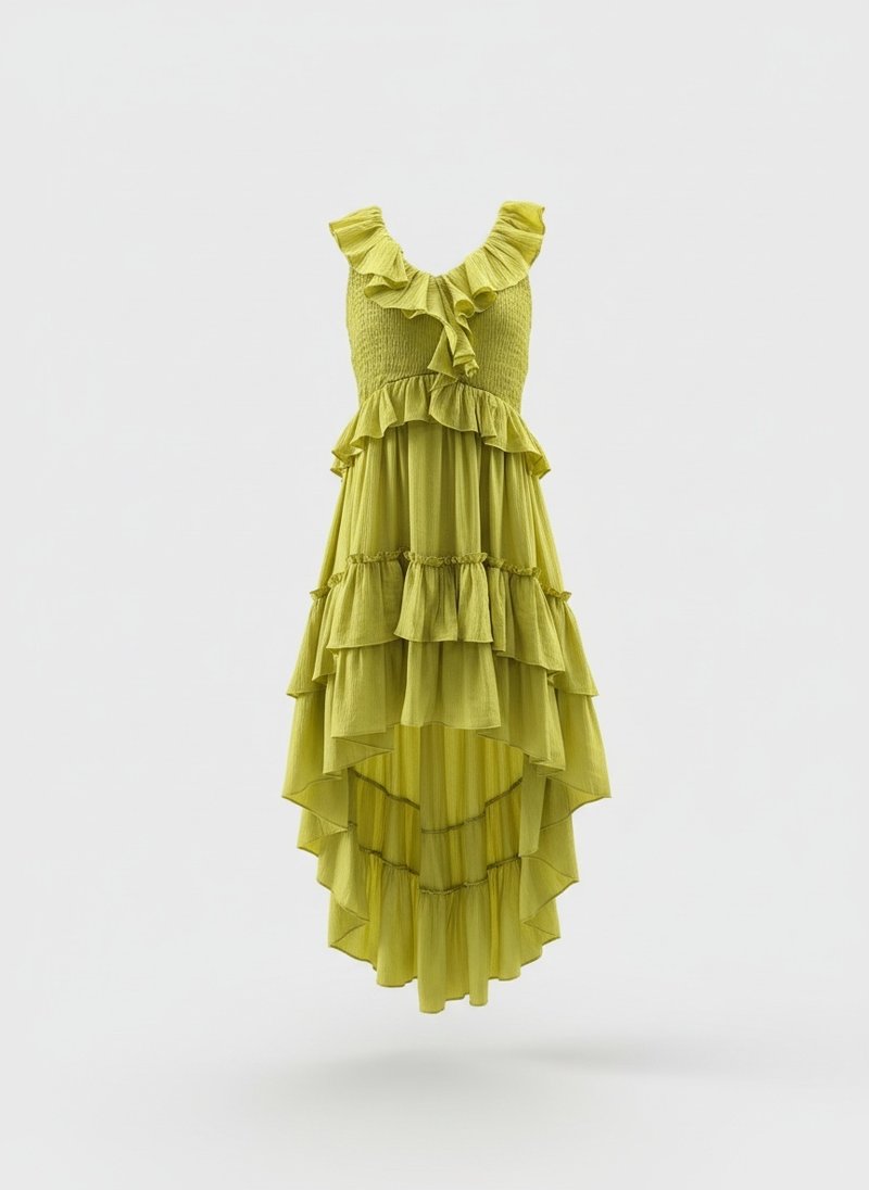 Ruffle Tiered Asymmetric Midi Dress H7088