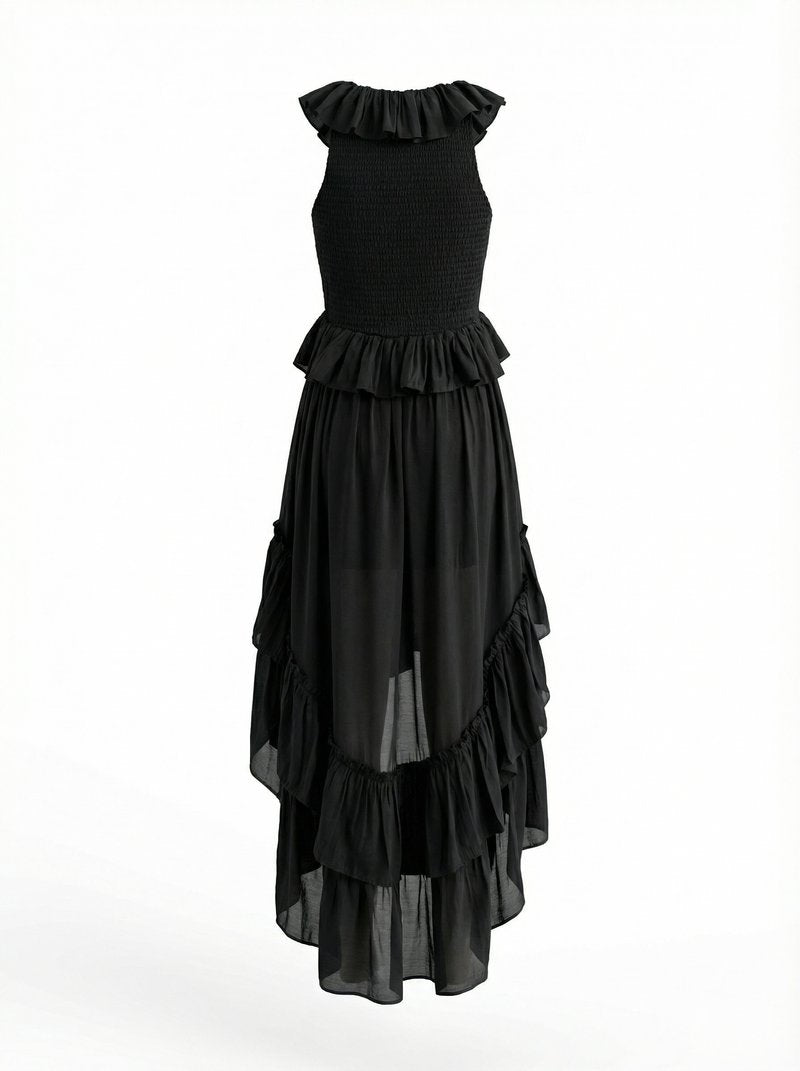 Ruffle Tiered Asymmetric Midi Dress H7088