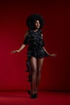 Ruffled Asymmetrical Black Mini Dress H6890
