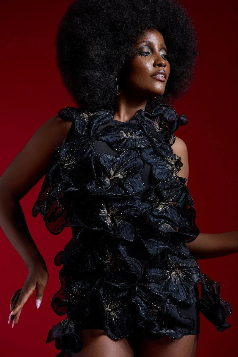 Ruffled Asymmetrical Black Mini Dress H6890