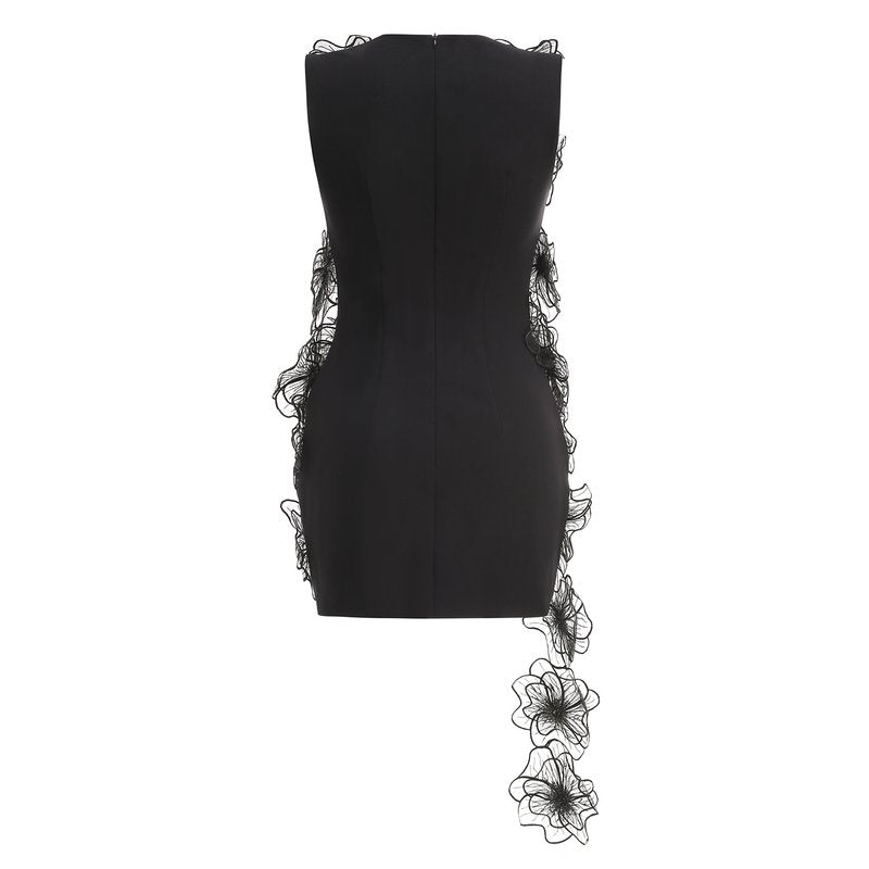 Ruffled Asymmetrical Black Mini Dress H6890