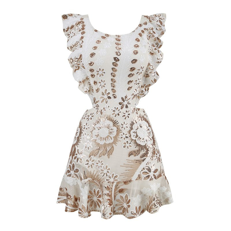 Ruffled Embroidered White Mini Dress H6254