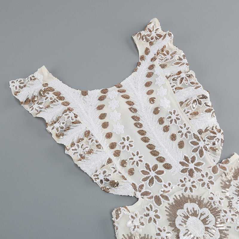 Ruffled Embroidered White Mini Dress H6254