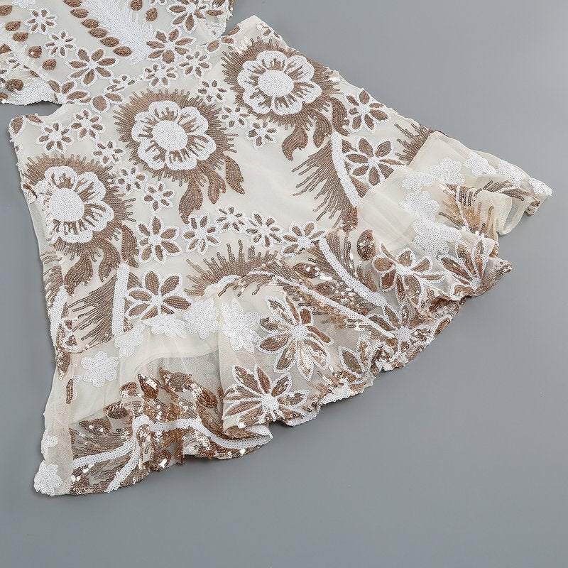 Ruffled Embroidered White Mini Dress H6254