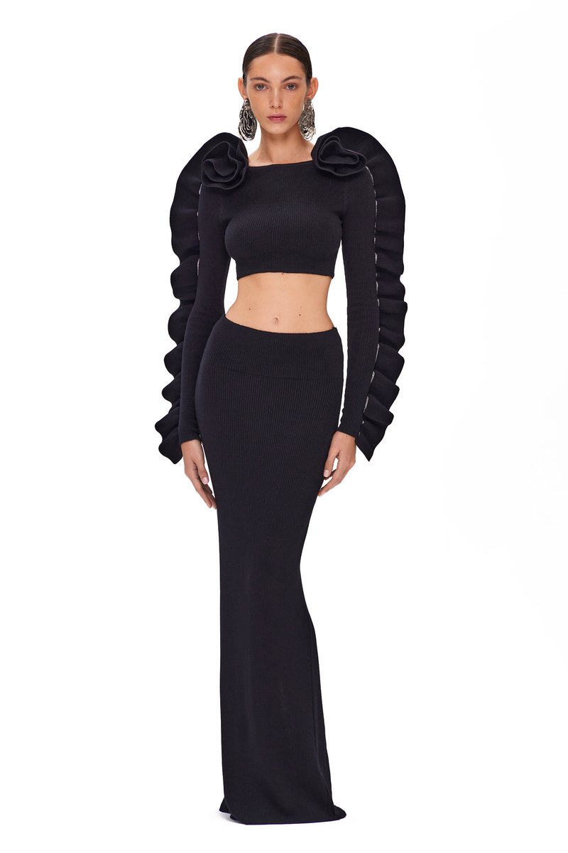 Ruffled Sleeve Crop Top & High-Waisted Skirt Set H6181