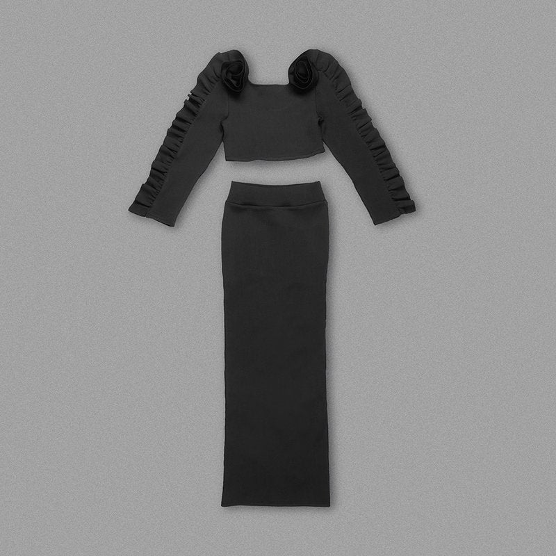 Ruffled Sleeve Crop Top & High-Waisted Skirt Set H6181