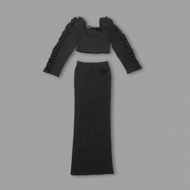 Ruffled Sleeve Crop Top & High-Waisted Skirt Set H6181