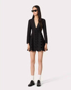 Scallop Lace-Up Black Midi Dress H6494