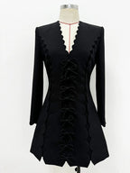 Scallop Lace-Up Black Midi Dress H6494