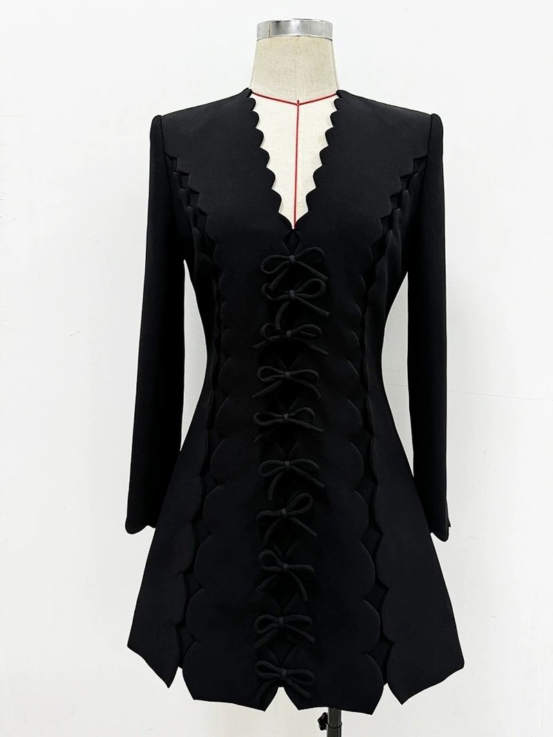 Scallop Lace-Up Black Midi Dress H6494