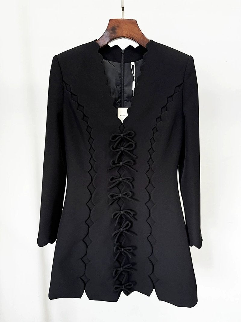 Scallop Lace-Up Black Midi Dress H6494