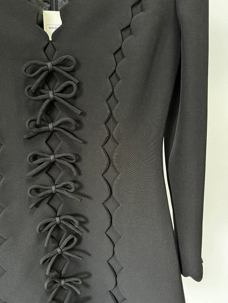 Scallop Lace-Up Black Midi Dress H6494