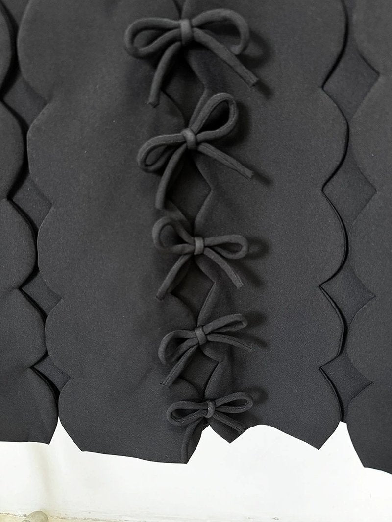 Scallop Lace-Up Black Midi Dress H6494
