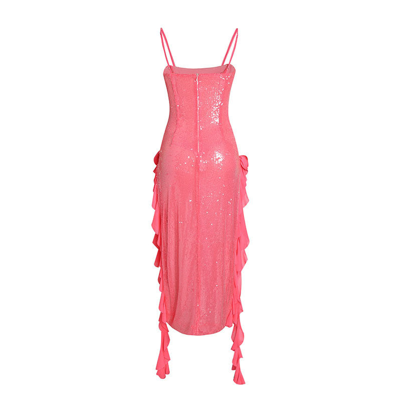 Sequin Ruffle Side Slit Maxi Dress H5997