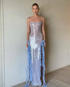Sequin Ruffle Side Slit Maxi Dress H5997