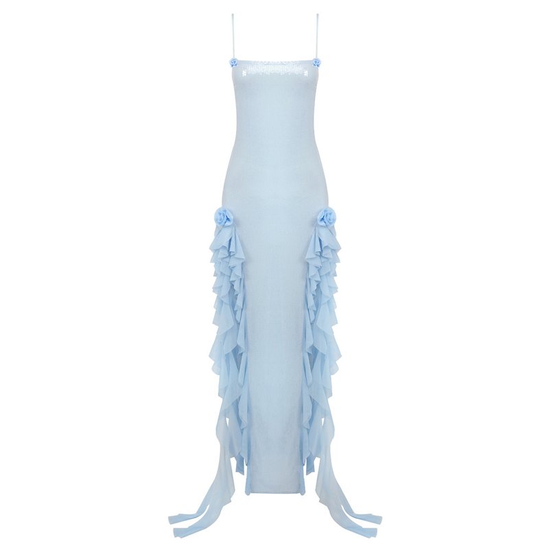 Sequin Ruffle Side Slit Maxi Dress H5997