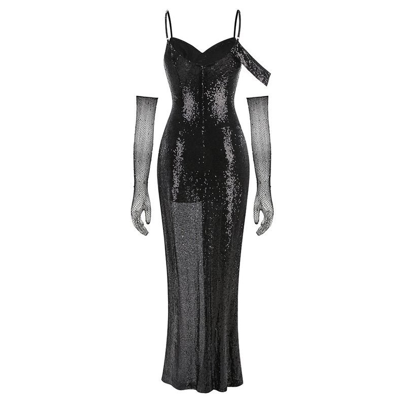 Sequined Asymmetric Split Maxi Dress H6565