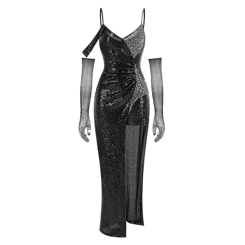 Sequined Asymmetric Split Maxi Dress H6565