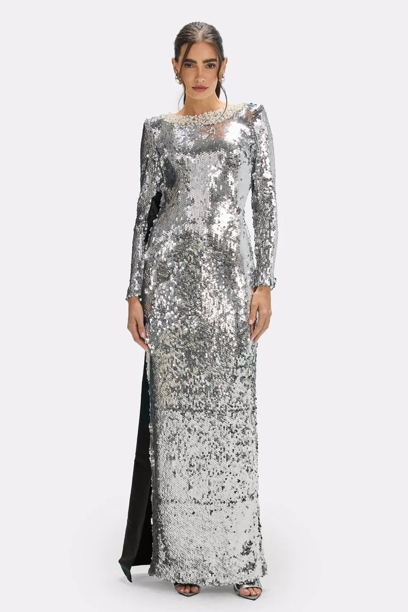 Sequined Backless Bow Maxi Dress H7120
